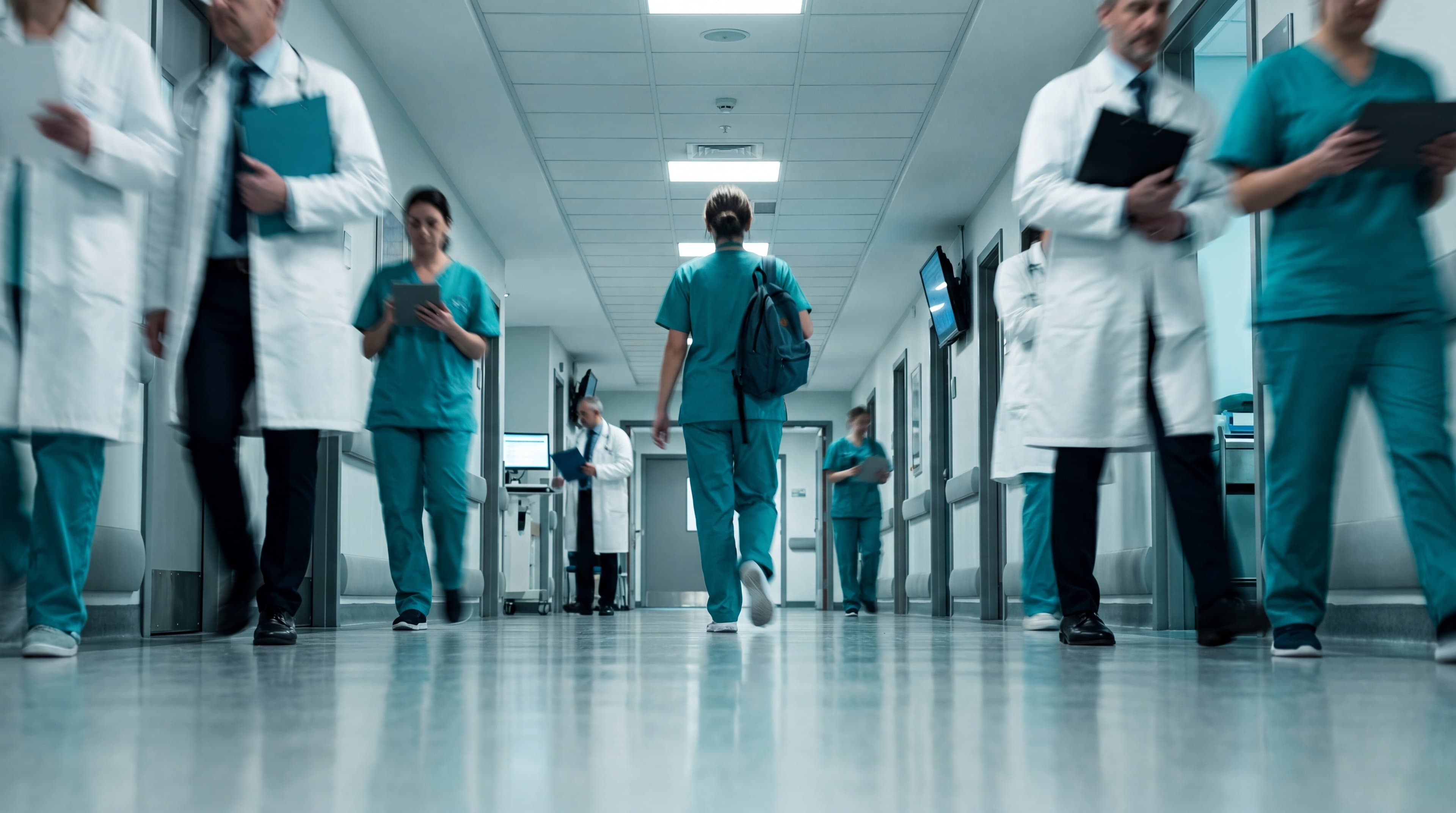 Fluxo intenso de um corredor de hospital, com equipe médica em movimento